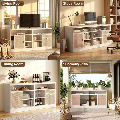 ModernMate 2 Drawer Lateral File Cabinet, 63" Wood Filing Cabinet for Home Office with Lock, Adjustable Storage Shelves, AC/USB, Sliding Door, Wide Office Credenza, Fits Letter/A4 Size, White Rattan