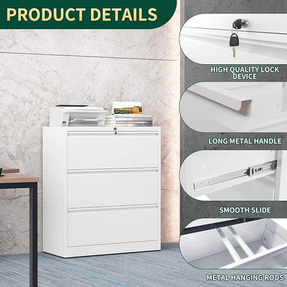 3 Drawer Lateral File Cabinet with Lock, Metal Lateral File Cabinets for Home Office, Steel Heavy-Duty Filing Storage Cabinet for Letters/Legal/A4 (Require Assembly, White)