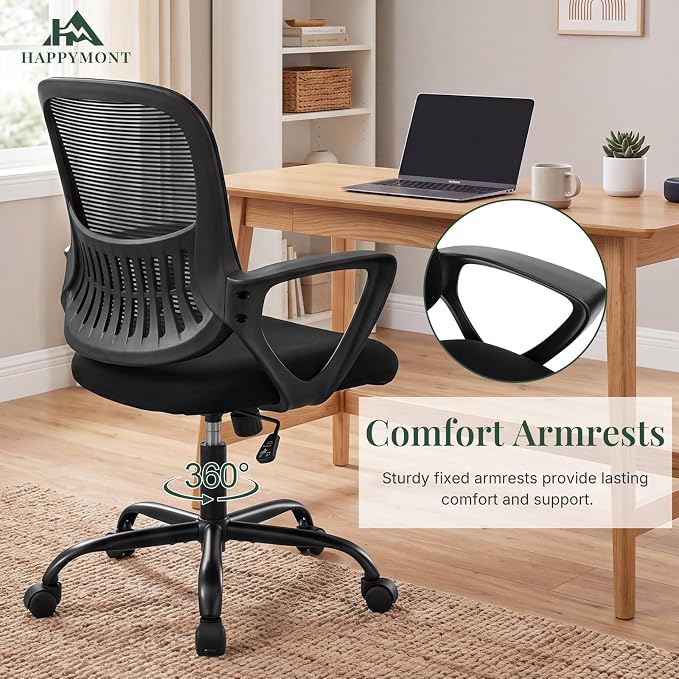 Home Office Desk Chair, Ergonomic Mid-Back Mesh Computer Task Chair with Comfortable Lumbar Support, Height Adjustable Swivel with Fixed Armrest for Adults, Student, Black