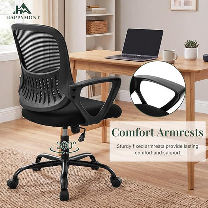 Home Office Desk Chair, Ergonomic Mid-Back Mesh Computer Task Chair with Comfortable Lumbar Support, Height Adjustable Swivel with Fixed Armrest for Adults, Student, Black