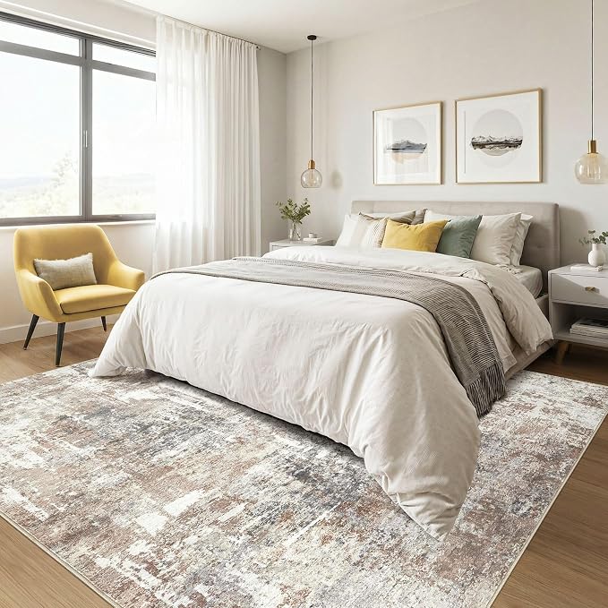Square Rug 7x7 Living Room: Large Washable Abstract Modern Soft Area Rug Stain Resistant Indoor Floor Non-Slip Accent Carpet for Bedroom Nursery Playroom Dining Room Office Dorm Home Decor- Brown