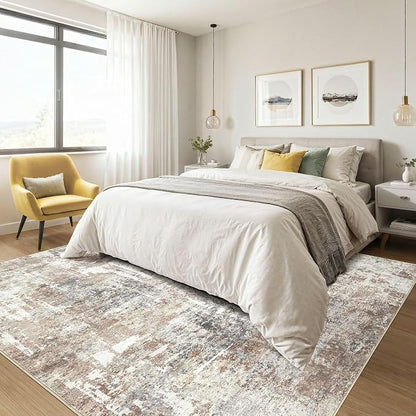 Square Rug 7x7 Living Room: Large Washable Abstract Modern Soft Area Rug Stain Resistant Indoor Floor Non-Slip Accent Carpet for Bedroom Nursery Playroom Dining Room Office Dorm Home Decor- Brown