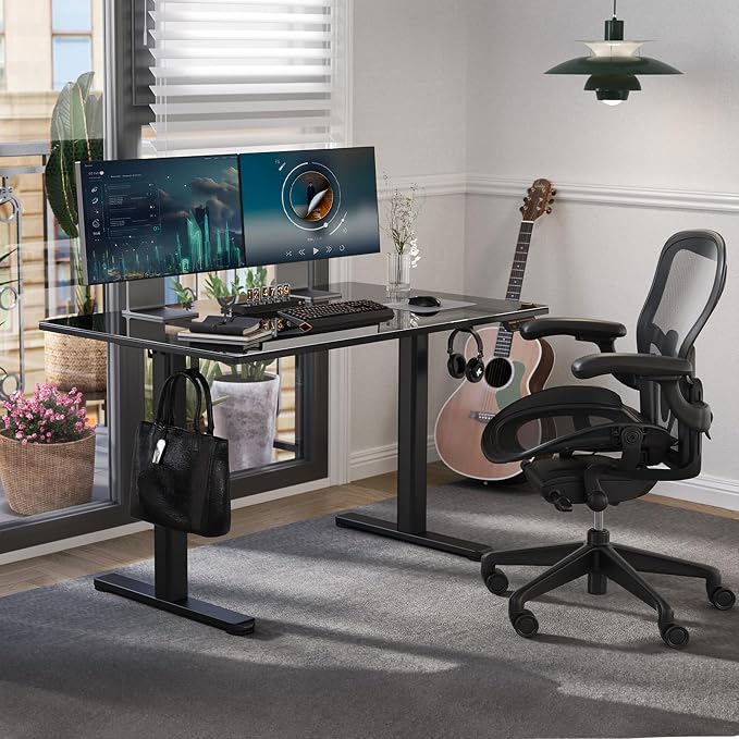 Claiks Glass Standing Desk, 40x24 Inch Small Stand Up Desk Electric Adjustable Height Quick Install Computer Desk for Home Office, Super Black