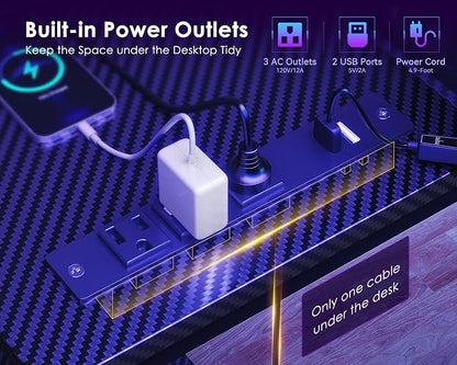 ODK 58 Inch Gaming Desk with USB Charging Ports and LED Lights, Reversible L Shaped Computer Desk with Storage Shelves & Monitor Stand, Corner Gamer Desk Table with Power Outlets, Black