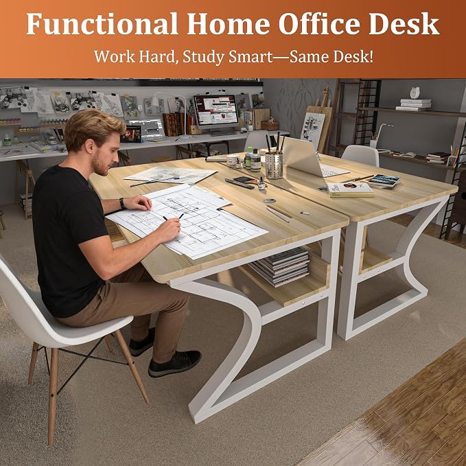 55 inch Computer Desk, Home Office Desk with Storage Shelf, Sturdy U-Shaped Metal Frame Study Table with Cable Management, Gaming Desk for Office & Bedroom (Light Walnut, 55inch)