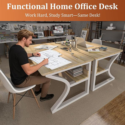 47 inch Computer Desk, Home Office Desk with Storage Shelf, Sturdy U-Shaped Metal Frame Study Table with Cable Management, Gaming Desk for Office & Bedroom (Light Walnut, 47inch)