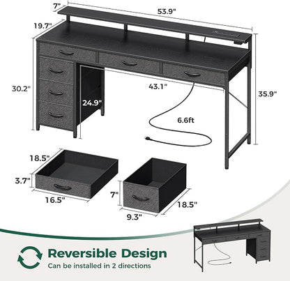 Huuger Gaming Desk with 6 Drawers, Computer Desk with LED Lights Power Outlets and Type-C, 55 Inch Office Desk with Storage, Monitor Stand, Writing Desk Work Desk Home Office, Bedroom, Black, 1CD102B