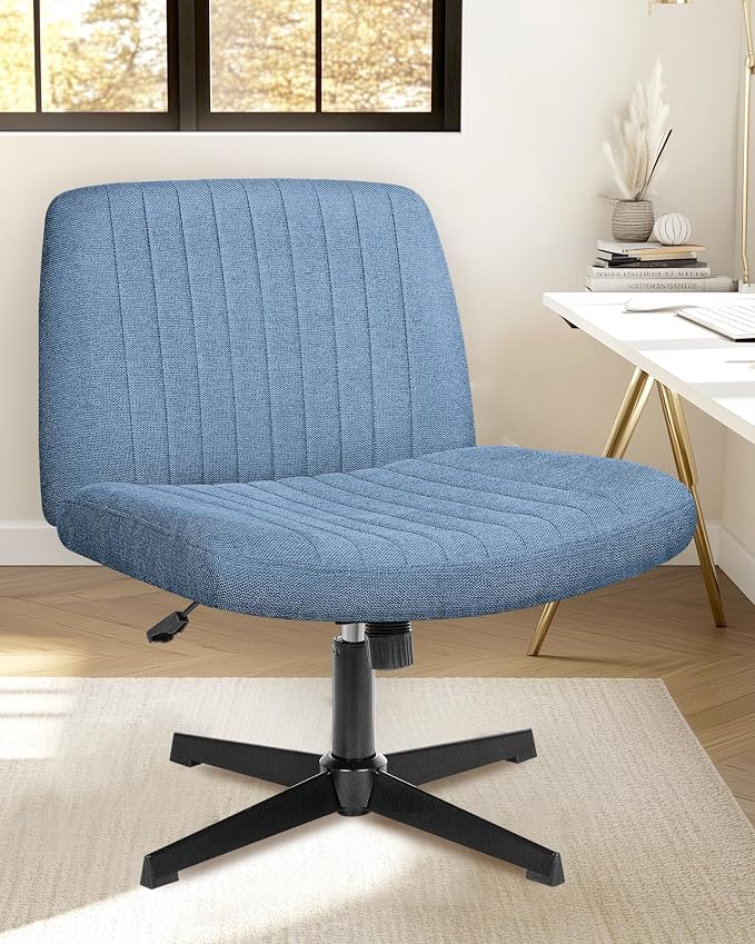 NEO Chair Criss Cross Chair No Wheels, Armless Cross Legged Office Desk Chair, Vanity Makeup Fabric Computer Comfy Adjustable Swivel Ergonomic Living Bedroom for Home Office (Fabric Blue)