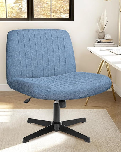 NEO Chair Criss Cross Chair No Wheels, Armless Cross Legged Office Desk Chair, Vanity Makeup Fabric Computer Comfy Adjustable Swivel Ergonomic Living Bedroom for Home Office (Fabric Blue)