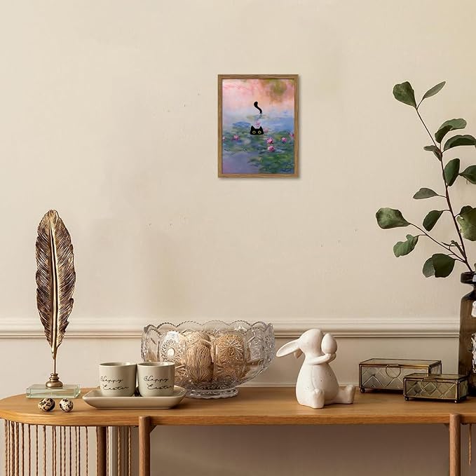 Vintage Framed Cat Canvas Wall Art Monet Print, Funny Black Cat in Water Lilies Poster, Monet Office Wall Decor, Floral Oil Painting Picture Artwork for Living Room Bathroom Aesthetic – 8x10 inch