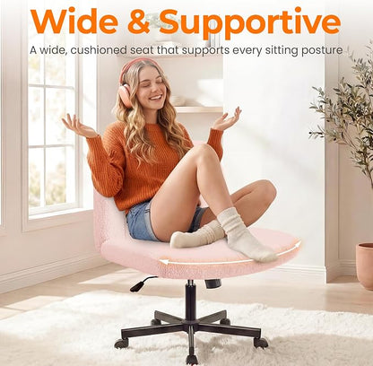 NEO CHAIR Criss Cross Chair with Wheels Home Office Cross Legged Armless Chairs Adjustable Computer Desk Wide Seat for Bedroom Vanity Comfy Swivel (Teddy Pink)