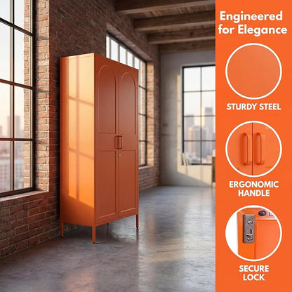 Metal Storage Wardrobe Cabinet with Lock, 67" Armoire Storage Cabinets Locker with Shelves and Hanging Rod, Steel Freestanding Metal Locker for Home Bedroom Orange 67" H X 31.5" W X 18.1" D