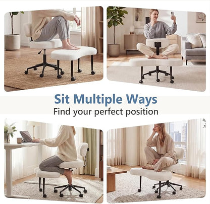 DUMOS Ergonomic ADHD Meditation Office Desk Chair with Adjustable Backrest, Cross Legged Chair Height Adjustable with 360° Swivel Footstool, Yoga Stool for Home Office, Teddy Fabric White