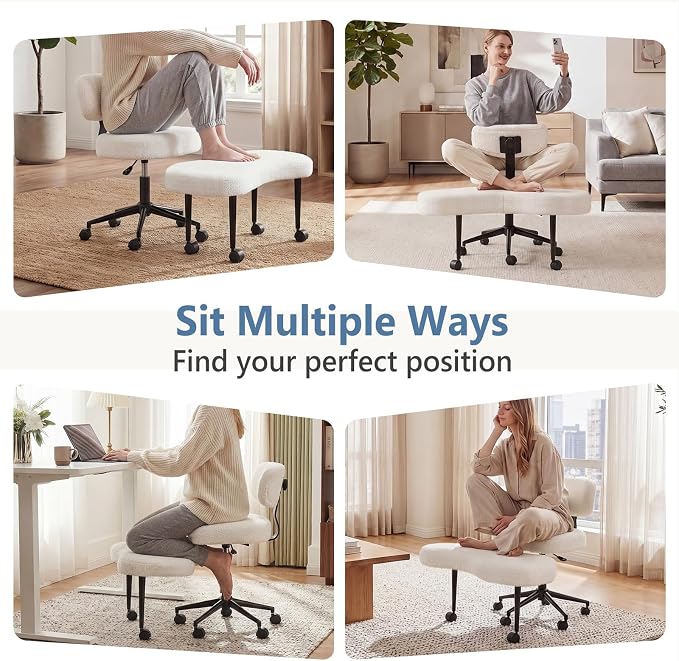 DUMOS Ergonomic ADHD Cross Legged Office Desk Chair with Adjustable Backrest, Height Adjustable Meditation Chair with 360° Swivel Footstool, Teddy Fleece Yoga Stool for Home Office, White