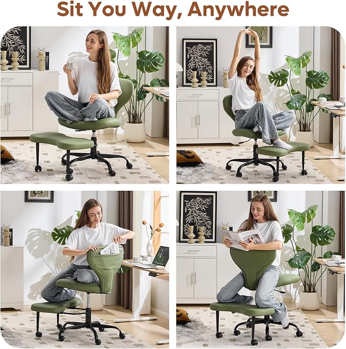 YFO Ergonomic Cross Legged Office Chair and ADHD Meditation Chair with Silent Wheels for Home Office Desk Chair and Yoga, Wider Backrest Support and Storage Pockets Design, PU Leather, Green