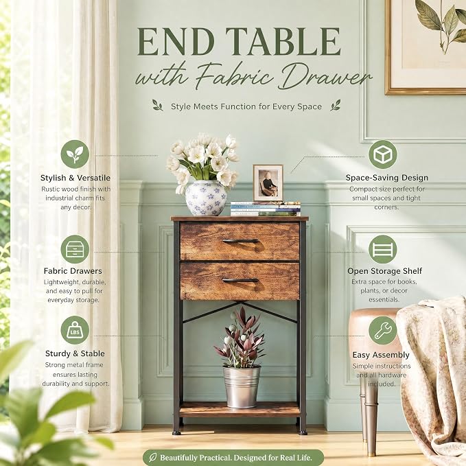 Small Printer Stand with Fabric Drawer & Storage Side Table | Sturdy compact build, works as nightstand end table & accent table. Ideal for bedroom living room & home office daily storage