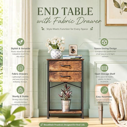 Small Printer Stand with Fabric Drawer & Storage Side Table | Sturdy compact build, works as nightstand end table & accent table. Ideal for bedroom living room & home office daily storage