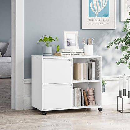 MIIIKO 2 Drawer File Cabinet with Lock, Metal Rolling Printer Stand Filing Cabinets with Drawers for Home Office,A4, Letter Size File Folders(White)