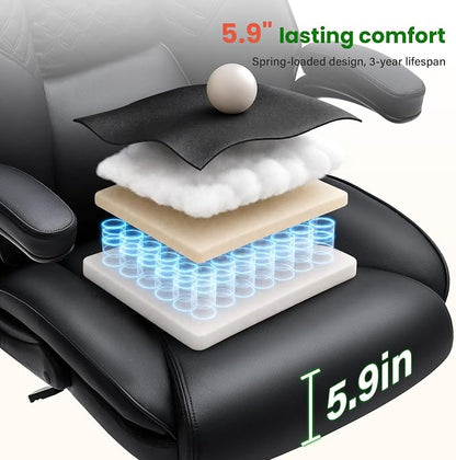 500lbs Big and Tall Office Chair with Inflatable Lumbar Support, Rubber Wheels Executive Chair with Rocking Function, High Back Wide Cushion Leather Ergonomic Computer Desk Chair for All-Day Sitting