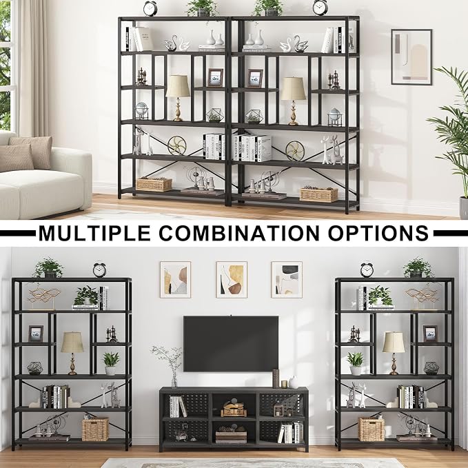 LVB Industrial Tall Bookshelf, Modern Wood Metal 6 Tier Book Shelf, Farmhouse Large 6 Shelf Etagere Bookcase, Open Wide Storage Bookshelves and Bookcases for Bedroom Living Room Office, Dark Gray Oak