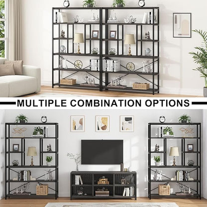 LVB Industrial Tall Bookshelf, Modern Wood Metal 6 Tier Book Shelf, Farmhouse Large 6 Shelf Etagere Bookcase, Open Wide Storage Bookshelves and Bookcases for Bedroom Living Room Office, Dark Gray Oak
