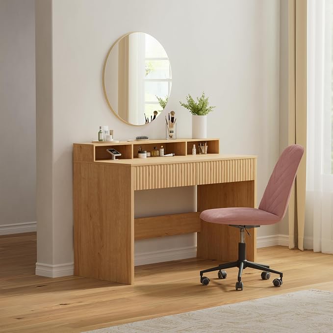 47" Executive Desk with Fluted Drawer, Modern Home Office Desk with Long Monitor Stand and 2 Drawers, Computer Writing Desk for Study Office Vanity, Natural Oak