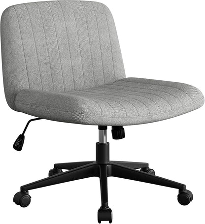 SUNLEI Cross Legged Office Chair with Wheels, Armless Wide Chair's for Vanity Desk, Criss Cross Comfy Chairs with Back, Desk Chair/s of Height Adjustable Swivel, Grey
