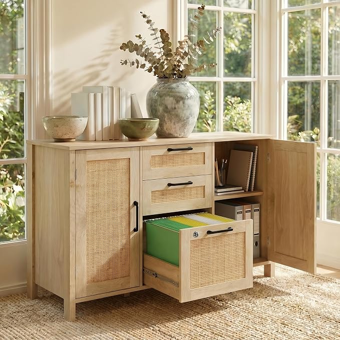 Lateral File Cabinets for Home Office, 3 Drawer and 2 Doors Filing Cabinet with Lock, Wide Rattan Filing Organization Storage Cabinets with Printer Stand for Hanging Files/A4/F4 Size, Natural Wood