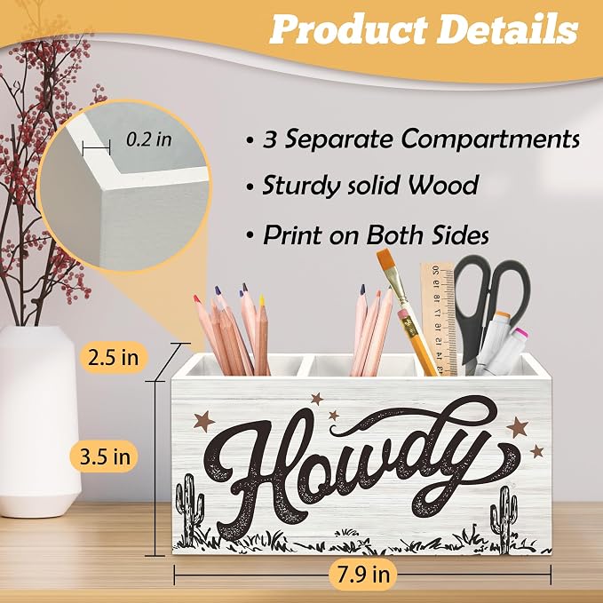 Western Howdy Pen Holder Organizer for Desk Accessories, Retro Country Western Wooden Box Sign Desk Decorations for Home Bedroom Office Decor, Cowboy Cowgirl Gifts