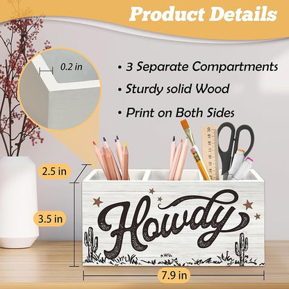 Western Howdy Pen Holder Organizer for Desk Accessories, Retro Country Western Wooden Box Sign Desk Decorations for Home Bedroom Office Decor, Cowboy Cowgirl Gifts