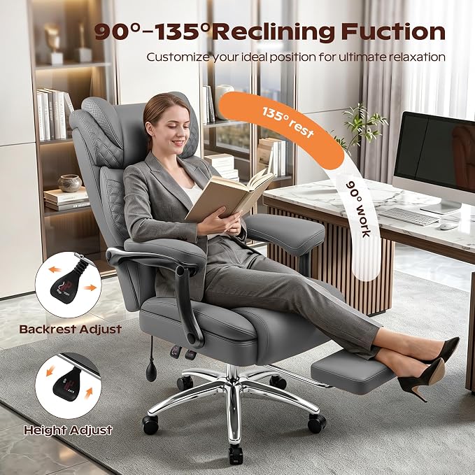Office Chair, Ergonomic Desk Chair with Adjustable Lumbar Support for Back Pain, Extra Wide 400LBS Comfy Big and Tall Office Chair with Footrest, Executive Leather Computer Game Chair for Heavy People
