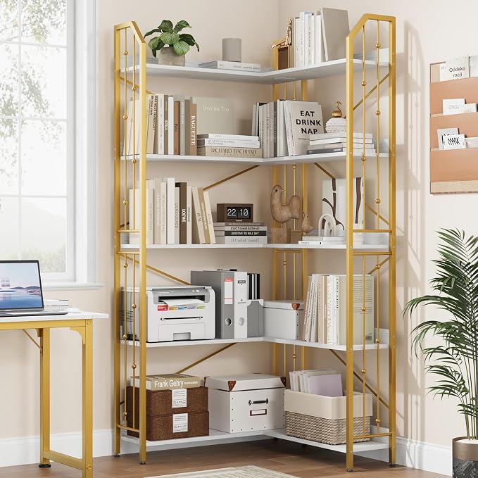 GarveeHome Corner Bookshelf 72" L Shaped Bookcase, Corner Bookshelves Industrial Bookcase 5 Tier L-Shape Bookshelf, Large Bookcases with Beaded Design Tall Display Rack Shelf for Living Room Bedroom