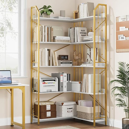 GarveeHome Corner Bookshelf 72" L Shaped Bookcase, Corner Bookshelves Industrial Bookcase 5 Tier L-Shape Bookshelf, Large Bookcases with Beaded Design Tall Display Rack Shelf for Living Room Bedroom