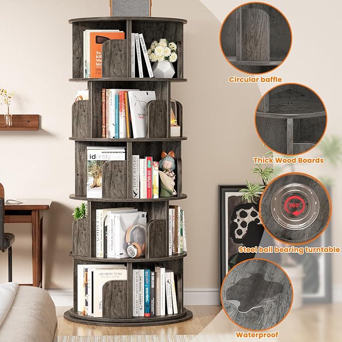 Besiost Rotating Bookshelf Tower, 5 Tier Spinning Bookcase, Revolving 360 Book Shelf Narrow Tall Bookcase, Vertical Turning Round Bookshelf Organizer, Wood Corner Book shelf for Small Space, Black Oak