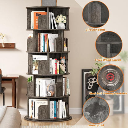 Besiost Rotating Bookshelf Tower, 5 Tier Spinning Bookcase, Revolving 360 Book Shelf Narrow Tall Bookcase, Vertical Turning Round Bookshelf Organizer, Wood Corner Book shelf for Small Space, Black Oak