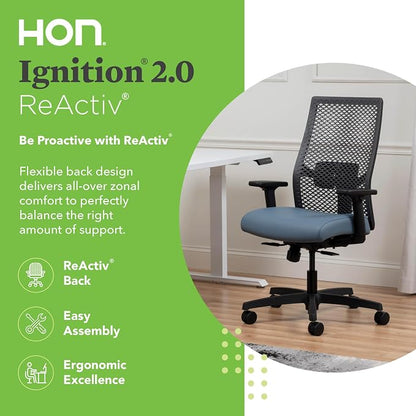 HON Ignition 2.0 ReActiv Ergonomic Office Chair, Mesh Desk Chair with Lumbar Support, Synchro‑Tilt Recline, Height and Width Adjustable Arms, Swivel Wheels, Black Frame, Nimbus