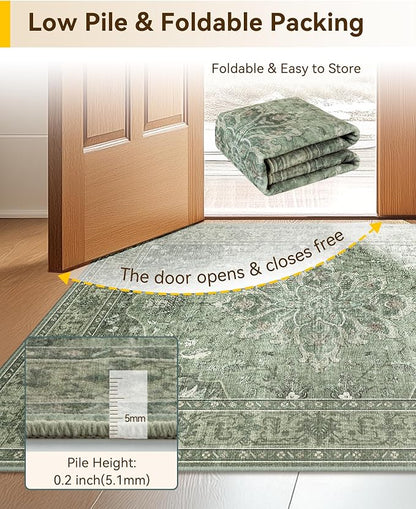 RELEANY Area Rugs 4'x5' Washable Non-Slip, Floral Vintage Distress Medallion Carpet for Living Room Bedroom Dining Room, Dark Green Gray