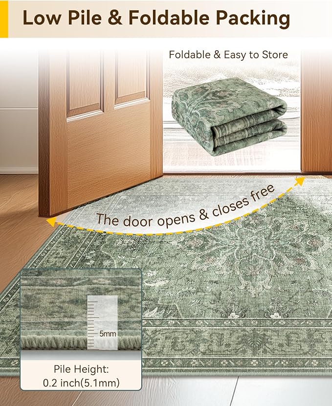 RELEANY Area Rugs 3'x4' Washable Non-Slip, Floral Vintage Distress Medallion Carpet for Living Room Bedroom Dining Room, Dark Green Gray