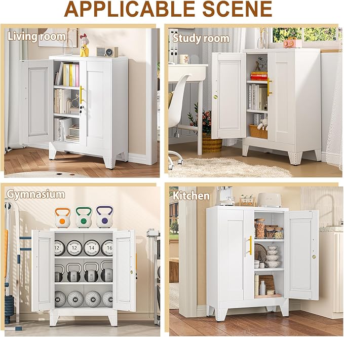 36" Metal Garage Storage Cabinet with Lock,Lockable Office File Cabinet with 2 Doors and 2 Adjustable Shelves,Outdoor Steel Locker Organizer for Home Office,Gym,School,Warehouse(White)