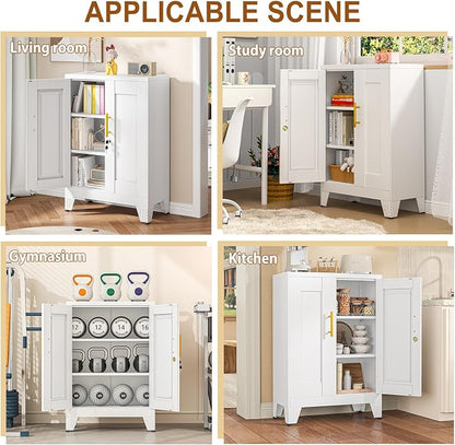 36" Metal Garage Storage Cabinet with Lock,Lockable Office File Cabinet with 2 Doors and 2 Adjustable Shelves,Outdoor Steel Locker Organizer for Home Office,Gym,School,Warehouse(White)