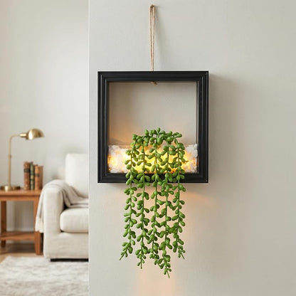 2 Pack Fake Plants Hanging, Artificial Succulents Plants in Square Wooden Frame with Glow Accents, Boho Wall Decor for Office Living Room Bathroom Bedroom Kitchen Indoor Outdoor, Black