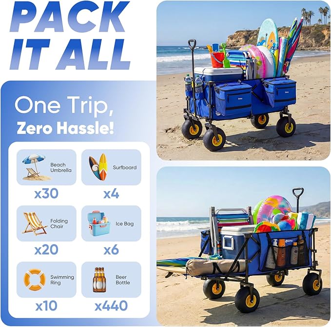 Sekey Heavy Duty Beach Wagon with 9" Big Sand-Proof Wheels, 300L Oversized Foldable Beach Cart with Cooler| Adjustable Handle & Balloon Tires for Sand, Camping,Vacation
