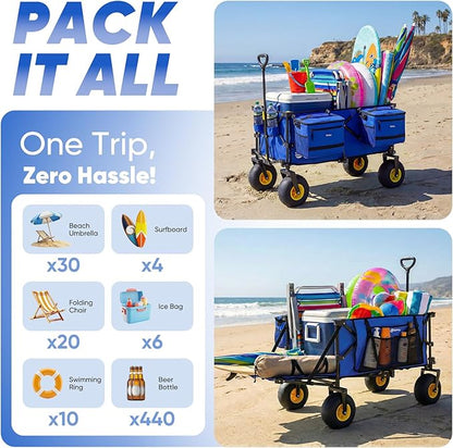 Sekey Heavy Duty Beach Wagon with 9" Big Sand-Proof Wheels, 300L Oversized Foldable Beach Cart with Cooler| Adjustable Handle & Balloon Tires for Sand, Camping,Vacation