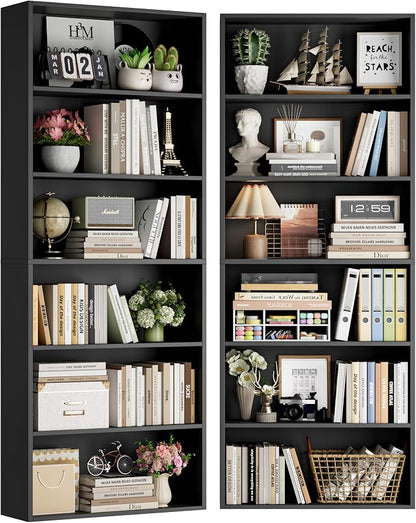 FOTOSOK 6-Tier Open Bookcase and Bookshelf, Freestanding Display Storage Shelves Tall Bookcase for Bedroom, Living Room and Office, Black Set of 2