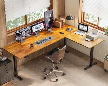OffiGo 71 Inch Reversible L Shaped Electric Standing Desk, Height Adjustable Corner Stand up Desk, Ergonomic Large Lift Computer Table for Home, Office, Workstation, Rustic Brown