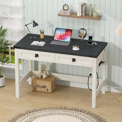 YOMILUVE Farmhouse Computer Desk with 2 Drawers, 39 Inch Small Office Computer Desk with Power Outlets, Compact Writing Study Vanity Desk for Small Spaces, Black and White