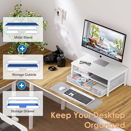 OPNICE Computer Monitor Stand Riser, Desk Organizer with Drawer, Printer & Laptop Stand, Office Desk Accessories & Workspace Desktop Organizers Storage for Office Supplies(White)