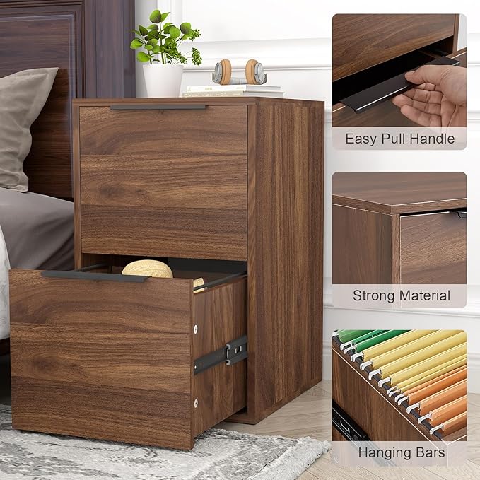 2 Drawer File Cabinets, Wood File Cabinet with Hanging Bar for Letter Size, Modern Farmhouse Under Desk Drawer, Printer Stand Small Filing Cabinets for Home Office, Dark Walnut