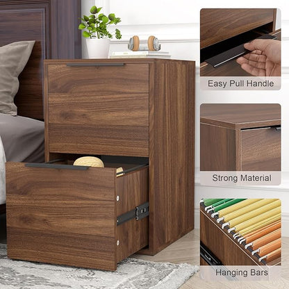 2 Drawer File Cabinets, Wood File Cabinet with Hanging Bar for Letter Size, Modern Farmhouse Under Desk Drawer, Printer Stand Small Filing Cabinets for Home Office, Dark Walnut