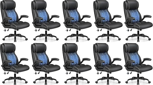 BESTFAIR Ergonomic Office Chair - Desk Computer Chair, Leather High Back Executive Chairs with Adjustable Lumbar Support & Flip Up Arms, Black 10 Pack